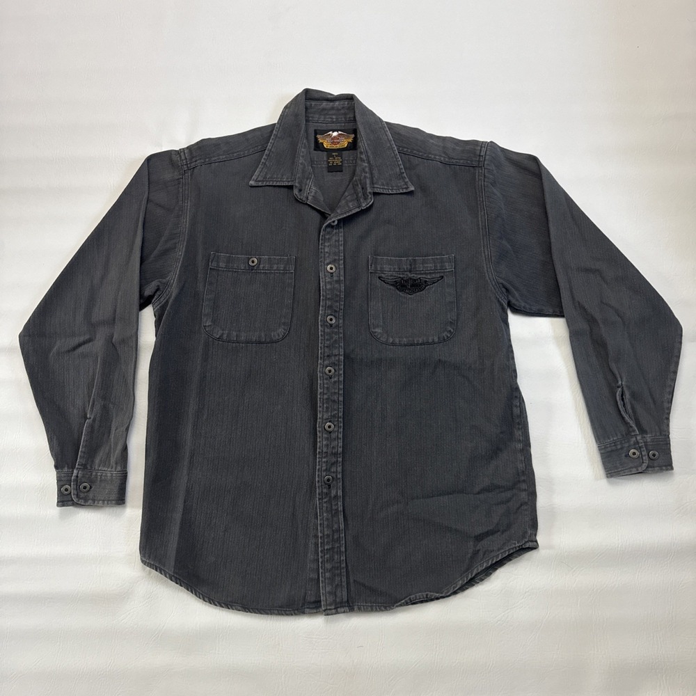 Vintage Harley Davidson Gray Denim‎ Button Up Embroidered Shirt Men's Size L